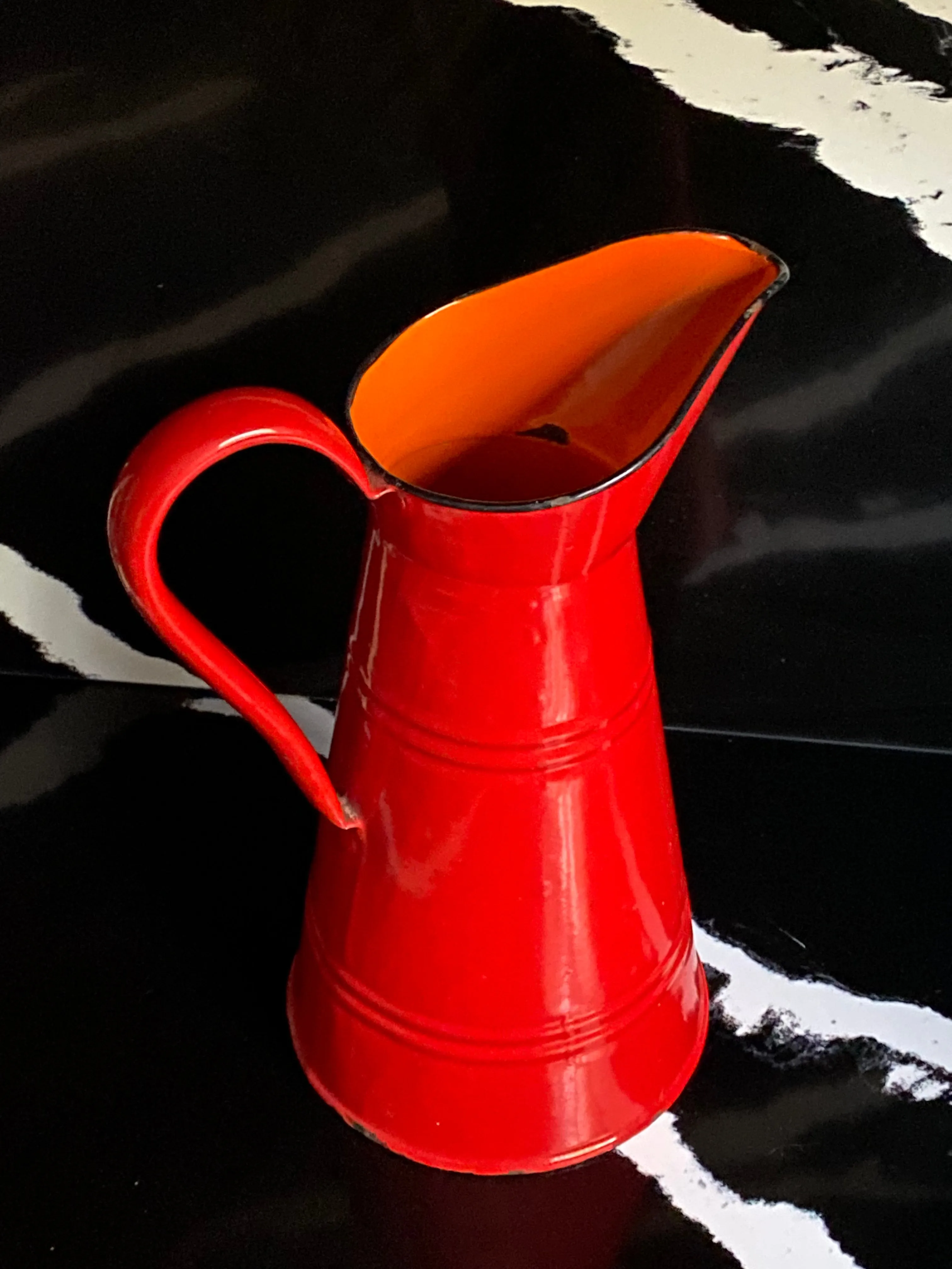 1950s red enamel pitcher Huta Silesia Made in Poland orange interior POLISH MCM