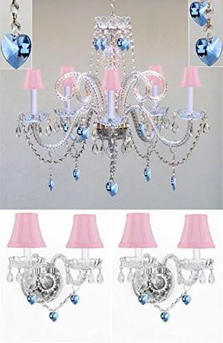 3Pc Lighting Set - Crystal Chandelier And 2 Wall Sconces W/ Blue Crystal Hearts And Pink Shades - Pnkshd/B85/387/5 2Ea Pnkshd/B85/2/386