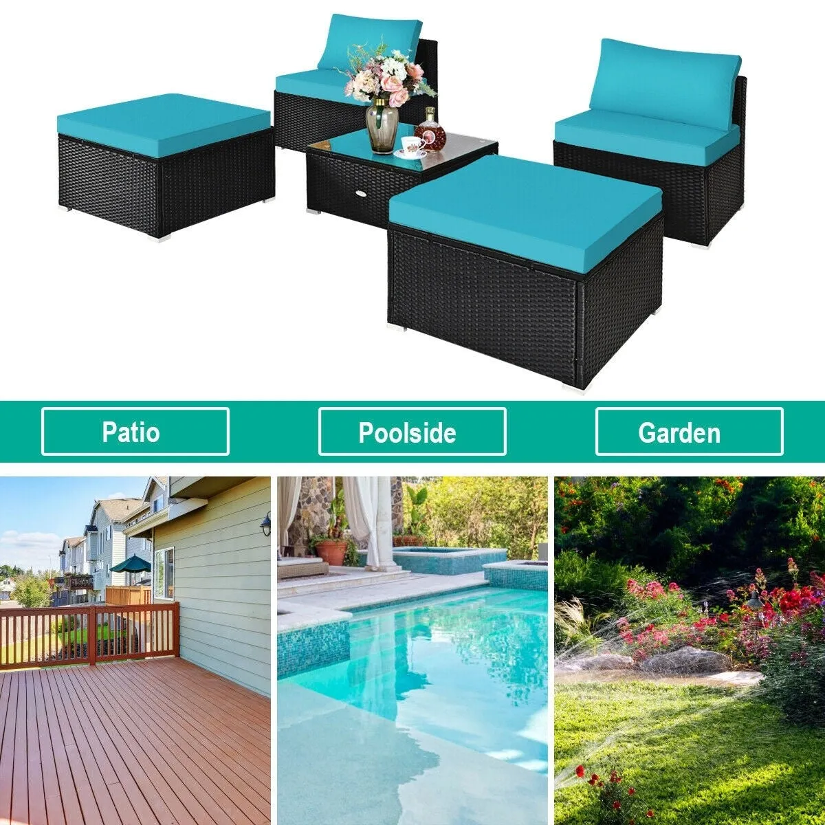 5pc Wicker Rattan Patio Armless Furniture Set - Turquoise