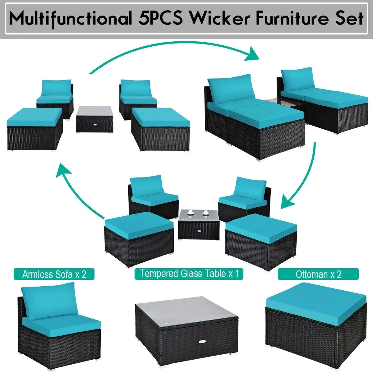 5pc Wicker Rattan Patio Armless Furniture Set - Turquoise