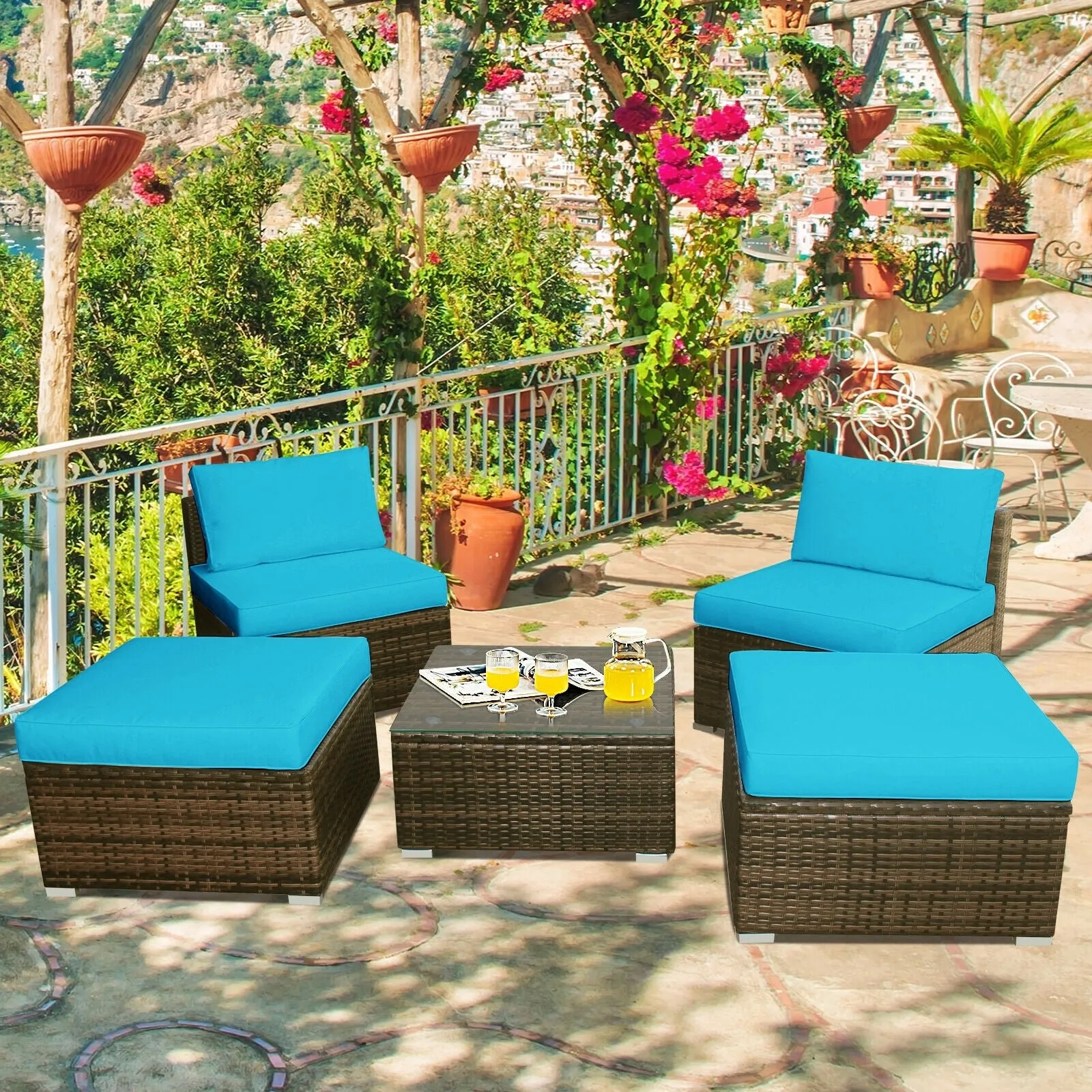 5pc Wicker Rattan Patio Armless Furniture Set - Turquoise