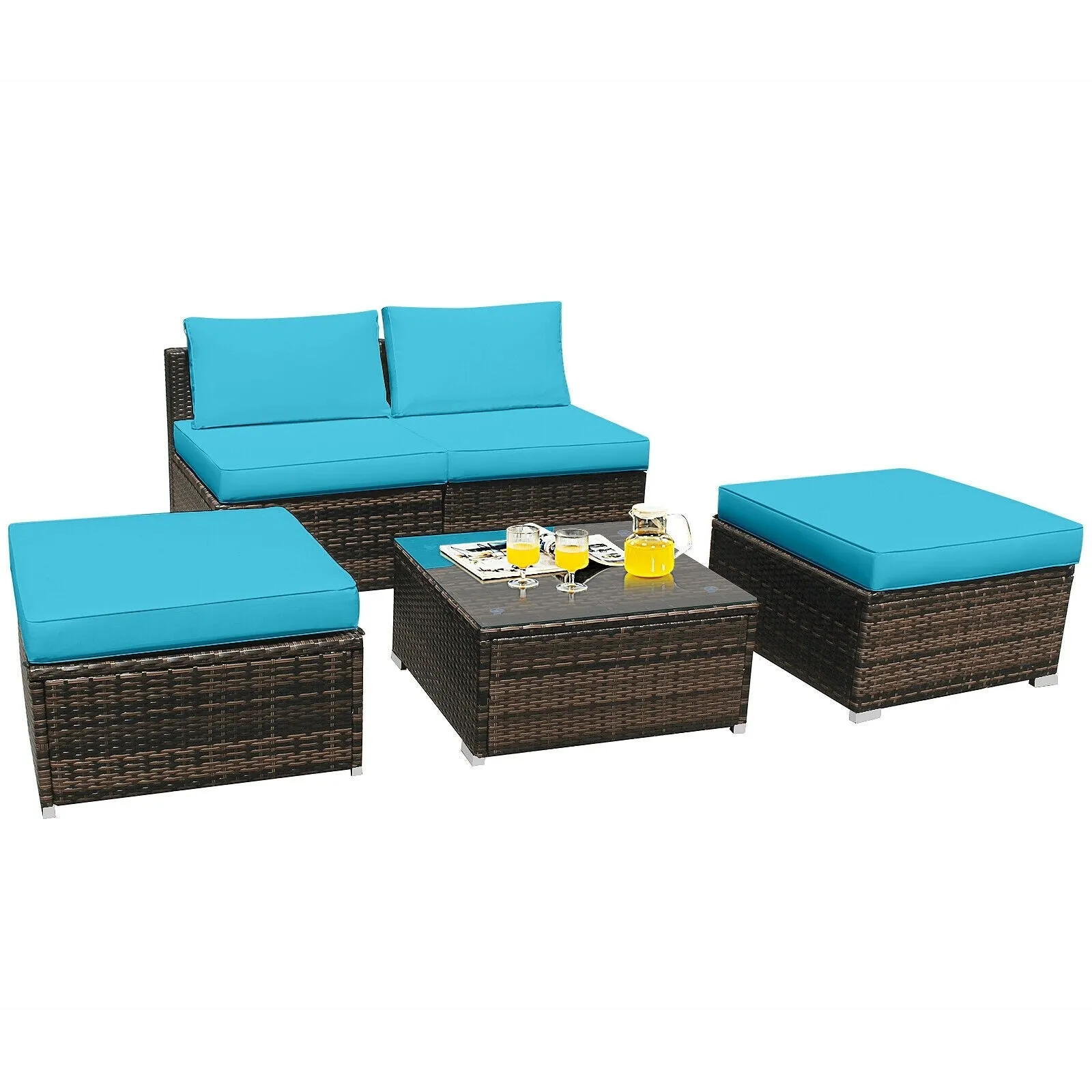 5pc Wicker Rattan Patio Armless Furniture Set - Turquoise