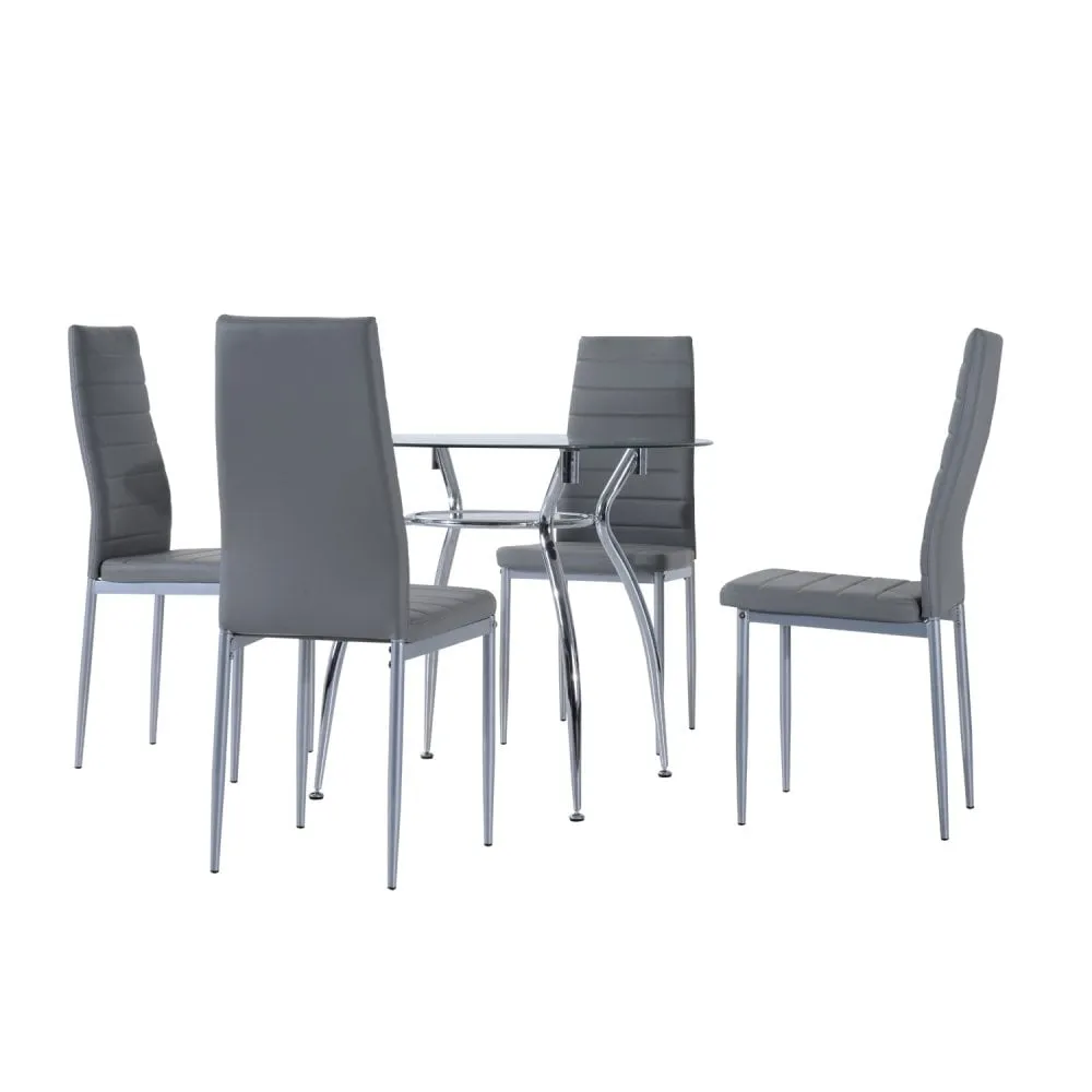 5Pcs Tempered Glass Metal Dining Set Table Chairs Contemporary Modern Furniture-Grey