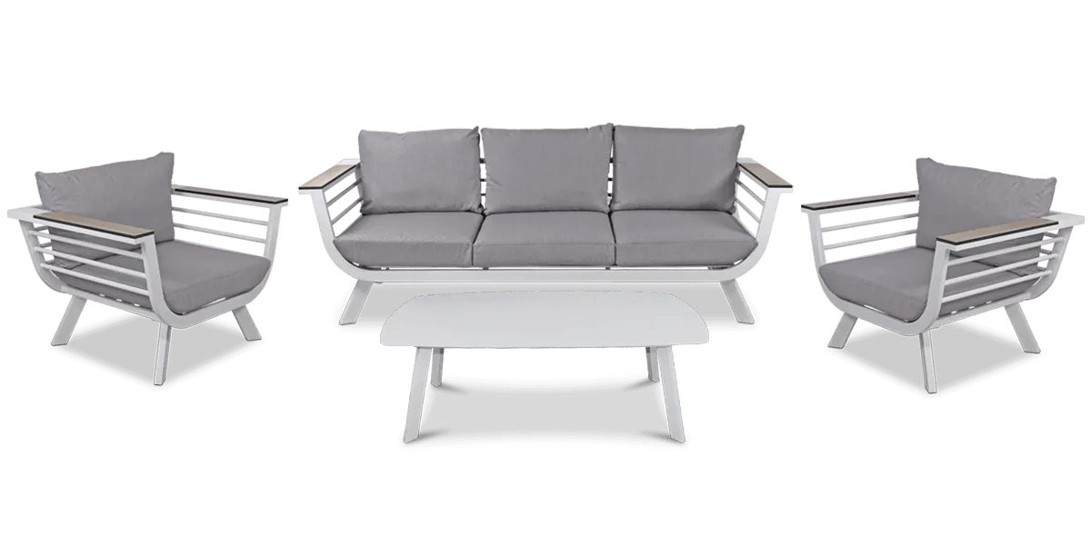 Amalfi 3 Seater with 2x Armchairs & Coffee Table in Arctic White with HPL Accent and Spuncrylic Stone Grey Cushions