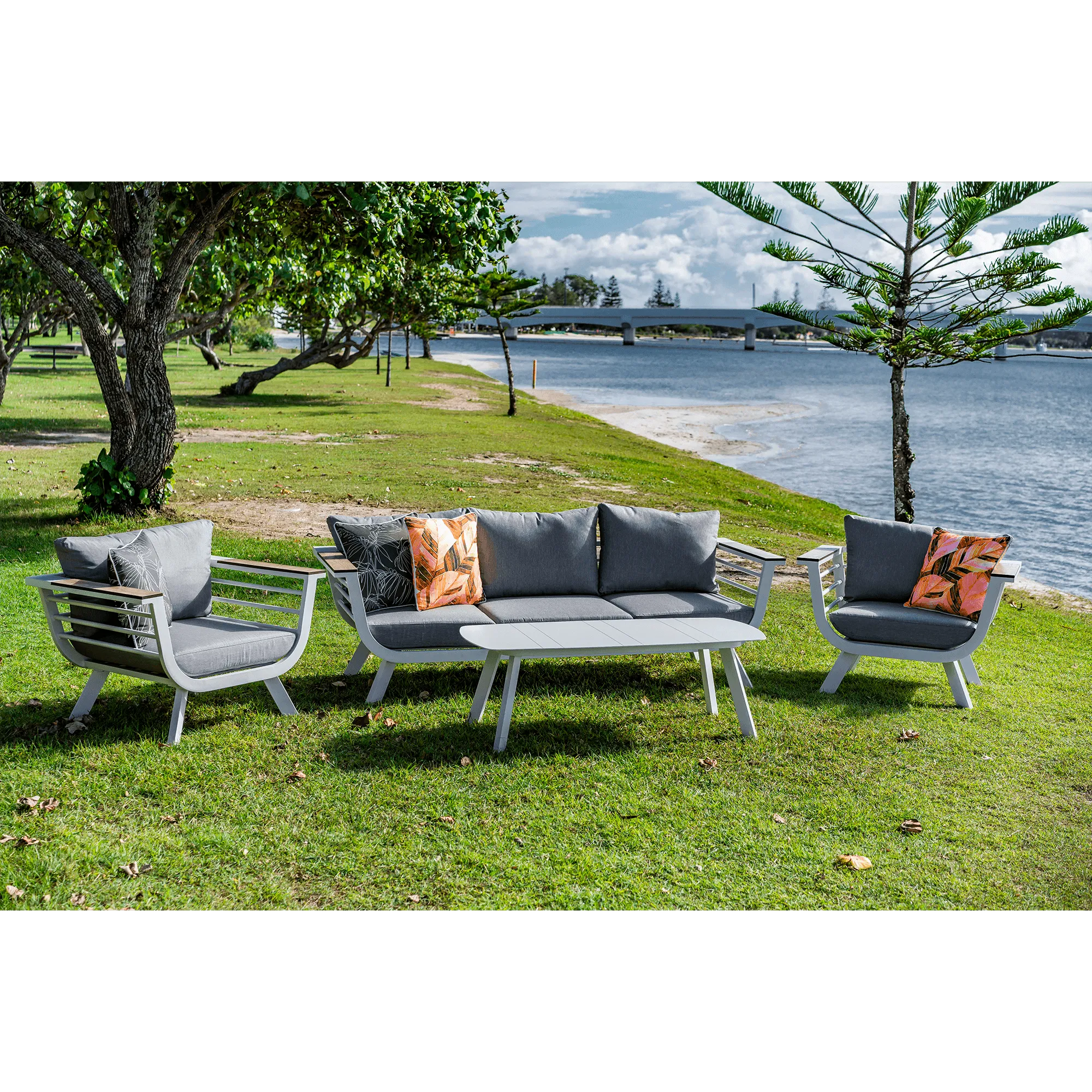 Amalfi 3 Seater with 2x Armchairs & Coffee Table in Arctic White with HPL Accent and Spuncrylic Stone Grey Cushions