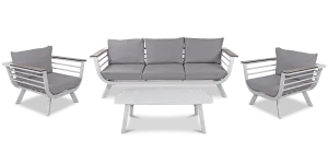 Amalfi 3 Seater with 2x Armchairs & Coffee Table in Arctic White with HPL Accent and Spuncrylic Stone Grey Cushions