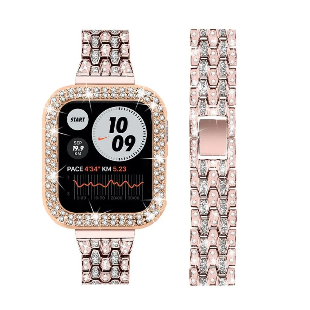 Apple Watch (45mm) five bead shiny rhinestone watch strap - Pink Gold / Transparent / Rose Gold