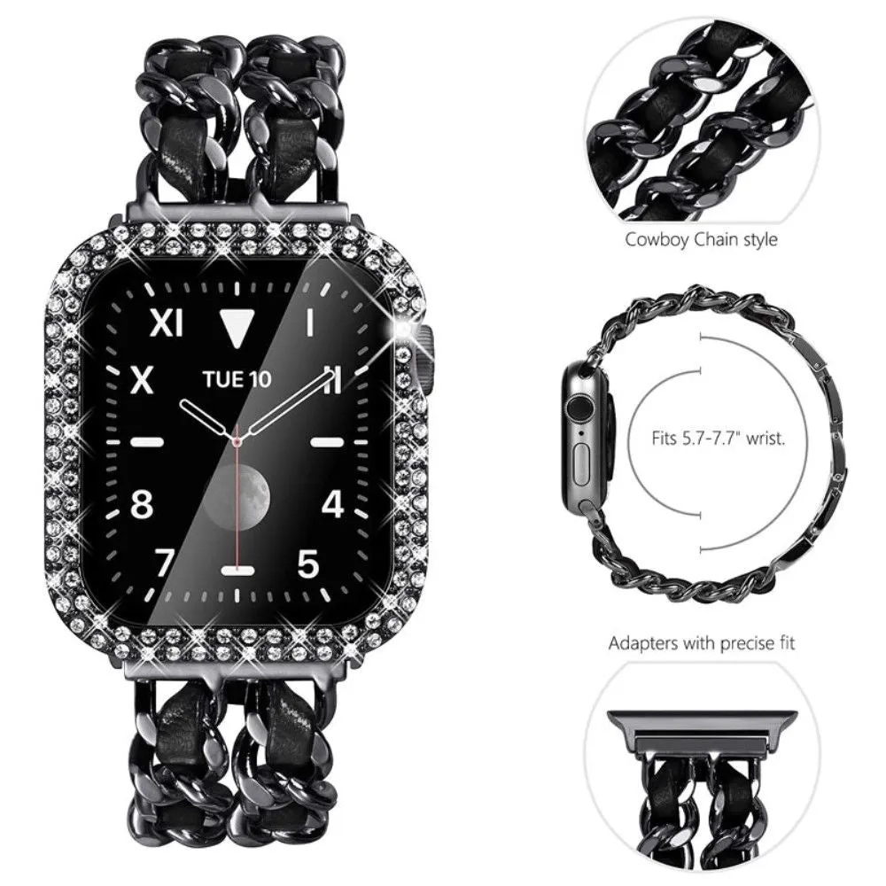 Apple Watch Series 3/2/1 38mm elegant stainless steel with rhinestone cover - Black / Black Leather