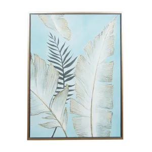 BLUE CANVAS LEAF HANDMADE TROPICAL FRAMED WALL ART WITH GOLD FRAM