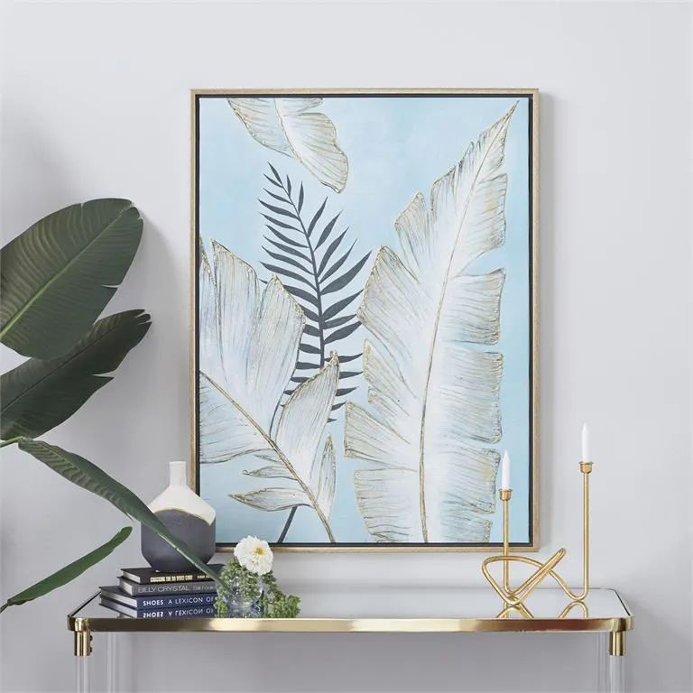 BLUE CANVAS LEAF HANDMADE TROPICAL FRAMED WALL ART WITH GOLD FRAM