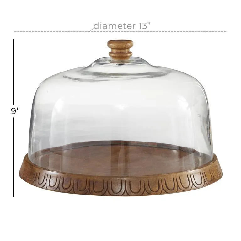 BROWN WOOD CAKE STAND WITH GLASS LID