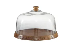 BROWN WOOD CAKE STAND WITH GLASS LID