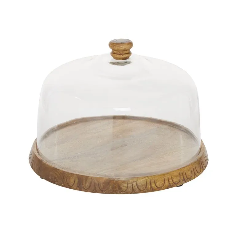 BROWN WOOD CAKE STAND WITH GLASS LID