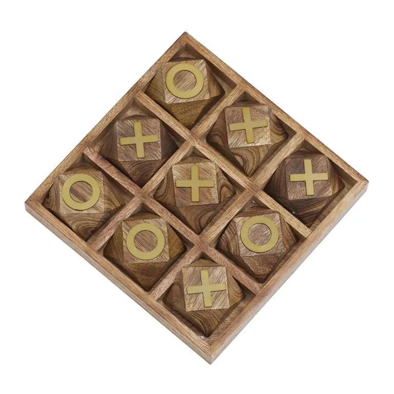 BROWN WOOD TIC TAC TOE GEOMETRIC GAME SET WITH GOLD INLAY