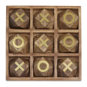 BROWN WOOD TIC TAC TOE GEOMETRIC GAME SET WITH GOLD INLAY