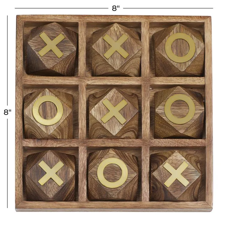 BROWN WOOD TIC TAC TOE GEOMETRIC GAME SET WITH GOLD INLAY