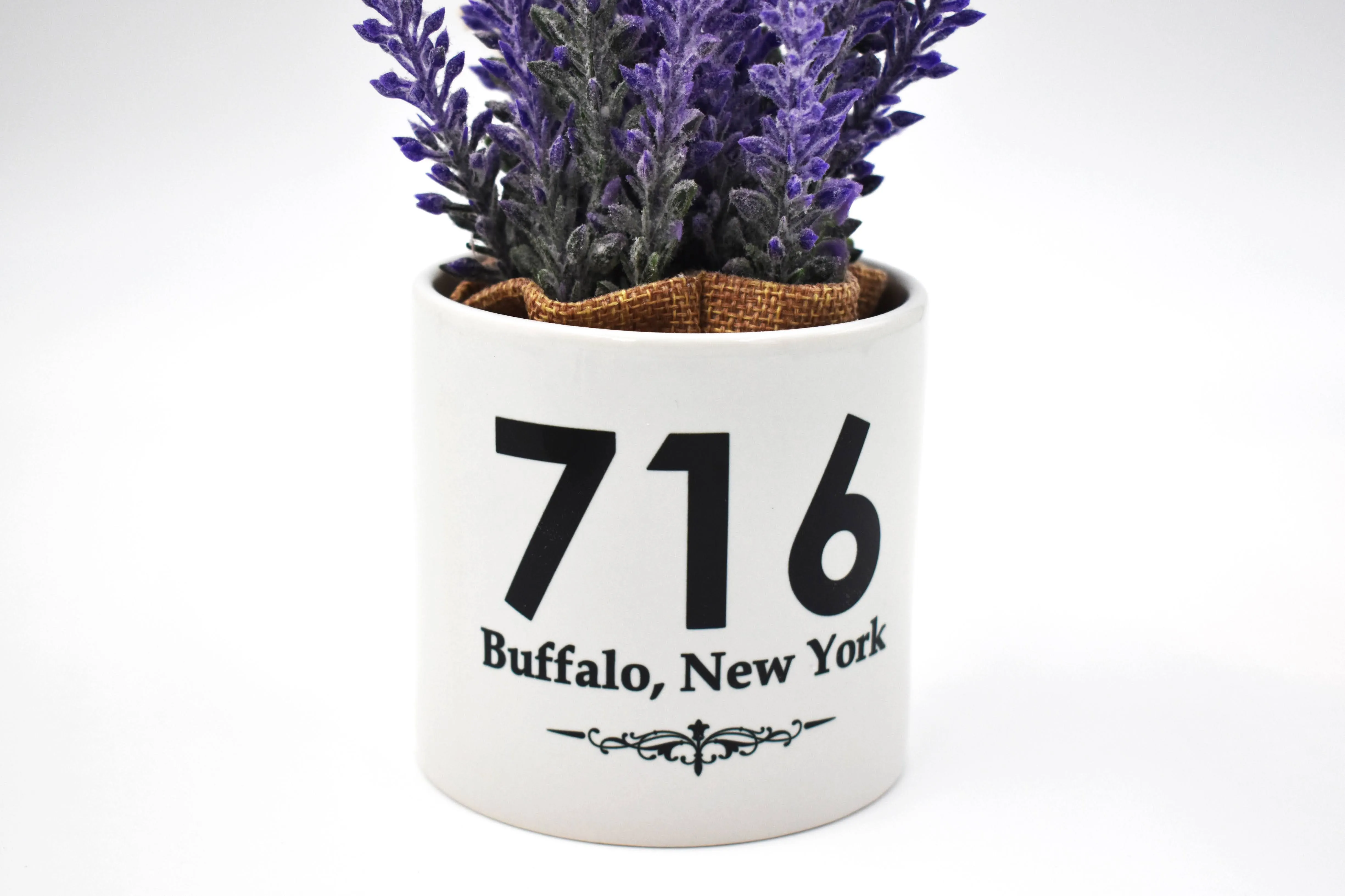 Ceramic White Pot Holder with Purple Flowers - Buffalo, NY