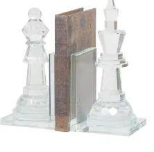 CLEAR CRYSTAL CHESS OVERSIZED BOOKENDS WITH CUT CRYSTAL DESIGNS