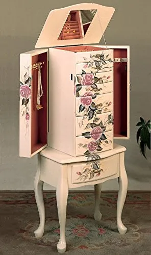 COASTER JEWELRY ARMOIRE, IVORY FINISH WOOD WITH HAND PAINTED ROSES FLORAL