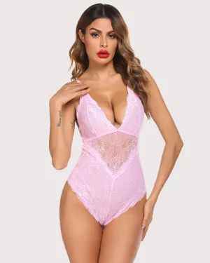 Deep V Teddy Snap Crotch Lace Bodysuit