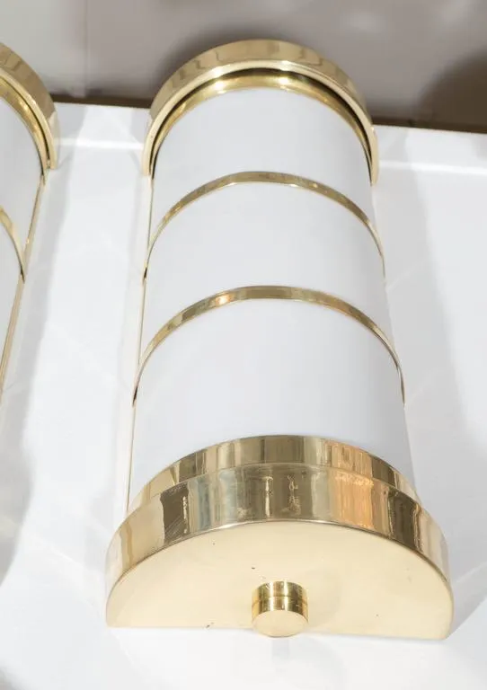 Frosted Acrylic and Brass Pair of Cylindrical Wall Sconces, Pair