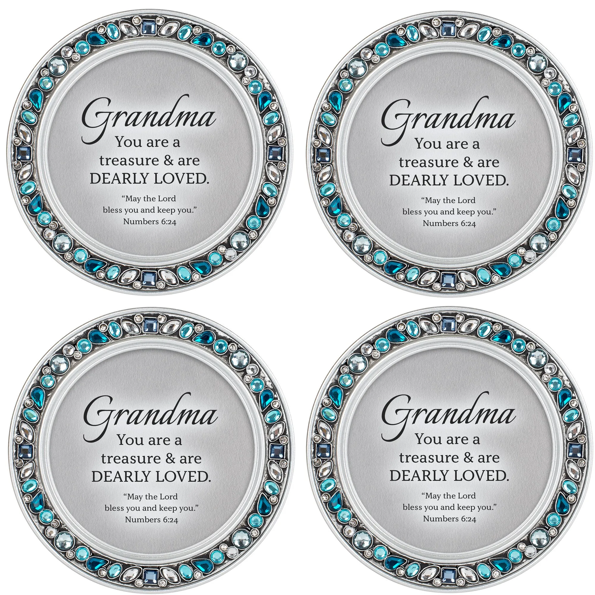 Grandma Treasure  Aqua Blue 4.5 x 4.5 Resin Polymer Jeweled Coaster Set of 4