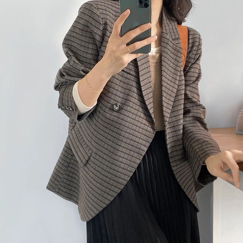 [Korean Style] High Quality Single Breasted Cropped Plaid Blazer