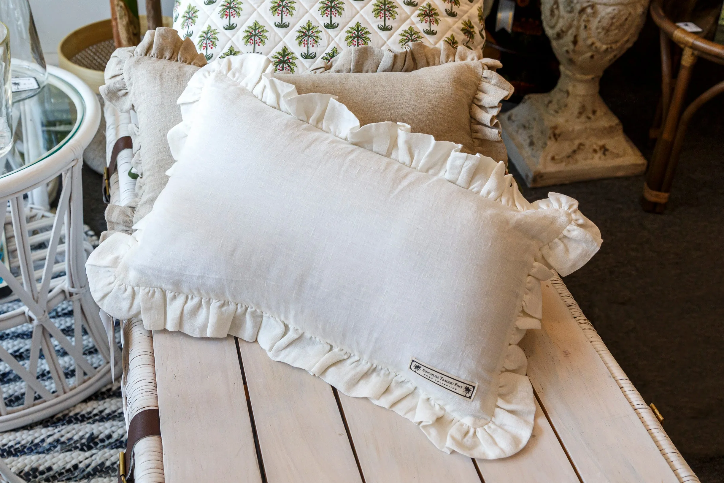 Natural Linen Rectangular Cushion with frill - white and oatmeal