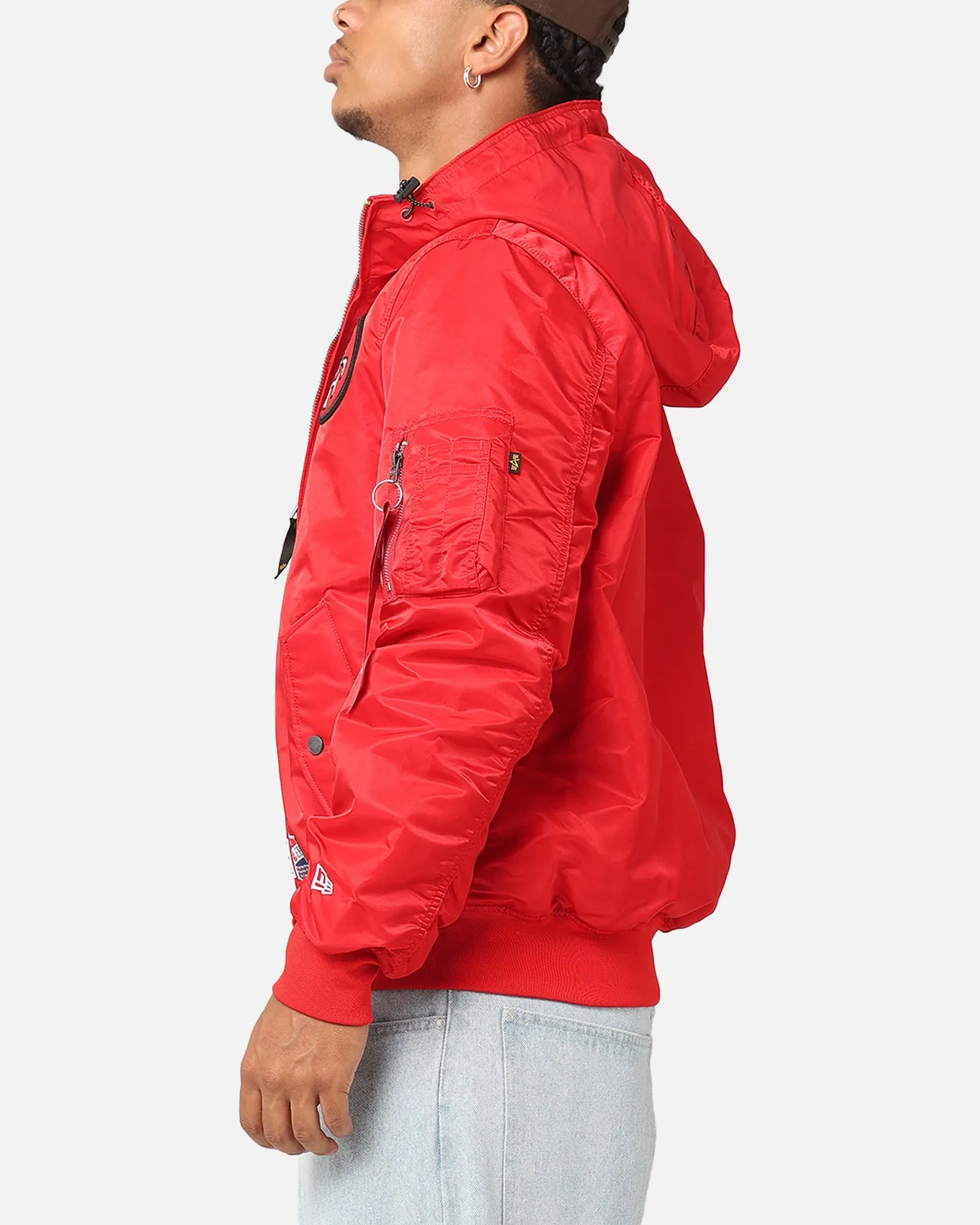 New Era San Francisco 49ers Alpha Industries L-2B Hooded Bomber Jacket Red