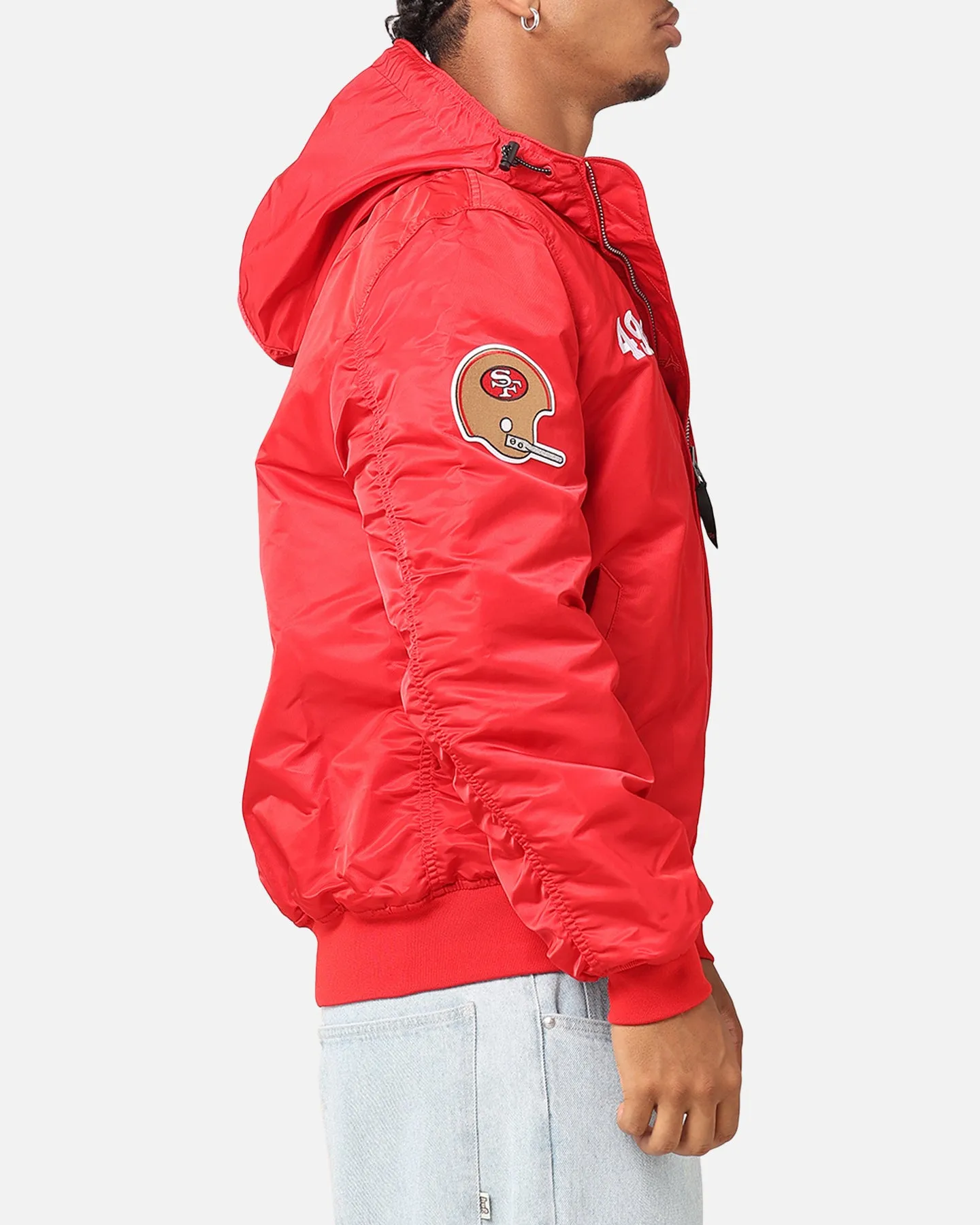 New Era San Francisco 49ers Alpha Industries L-2B Hooded Bomber Jacket Red