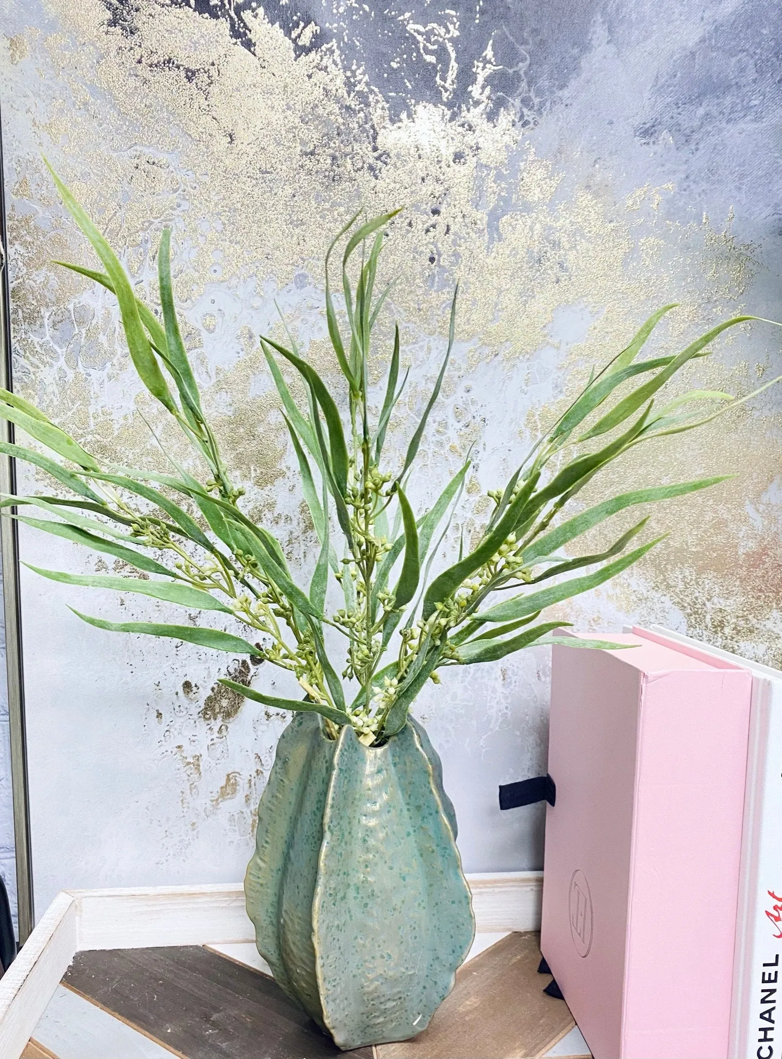 Pack of 6 stems-18.75inch Long grey green frosted flocked seeded greenery-home decor bouquet filler