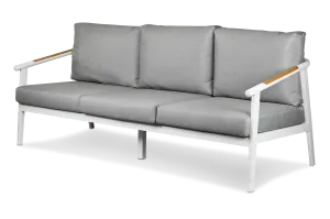 Porto 3 Seater in Arctic White Aluminium Frame with Teak Polywood Accent and Spuncrylic Stone Grey Cushions