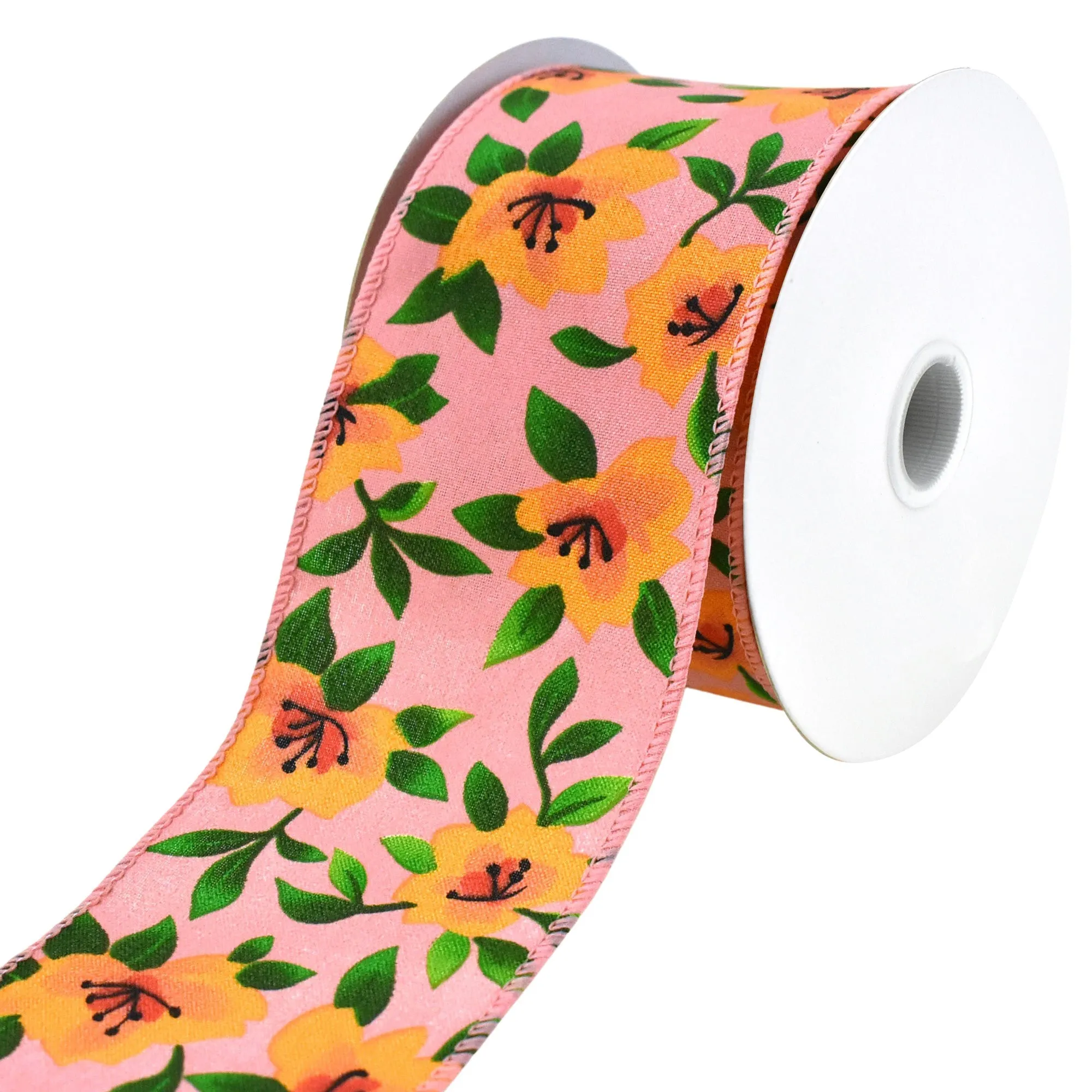 Printed Spring Magnolias Wired Ribbon, 10-yard