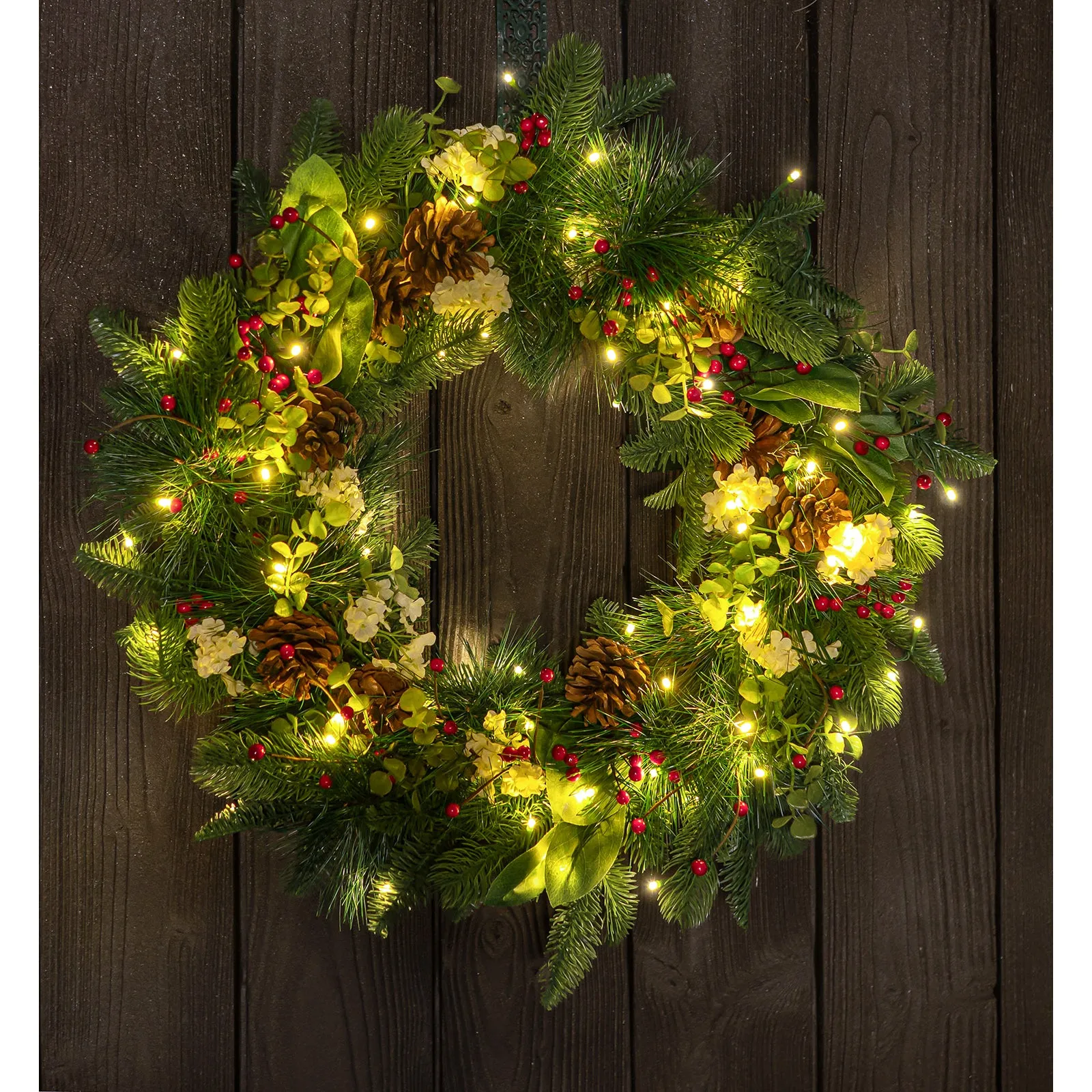 Red Co. 26” Decorative Artificial Light-Up Christmas Wreath with Pinecones & White Flowers, Battery-Operated LED Lights with Timer