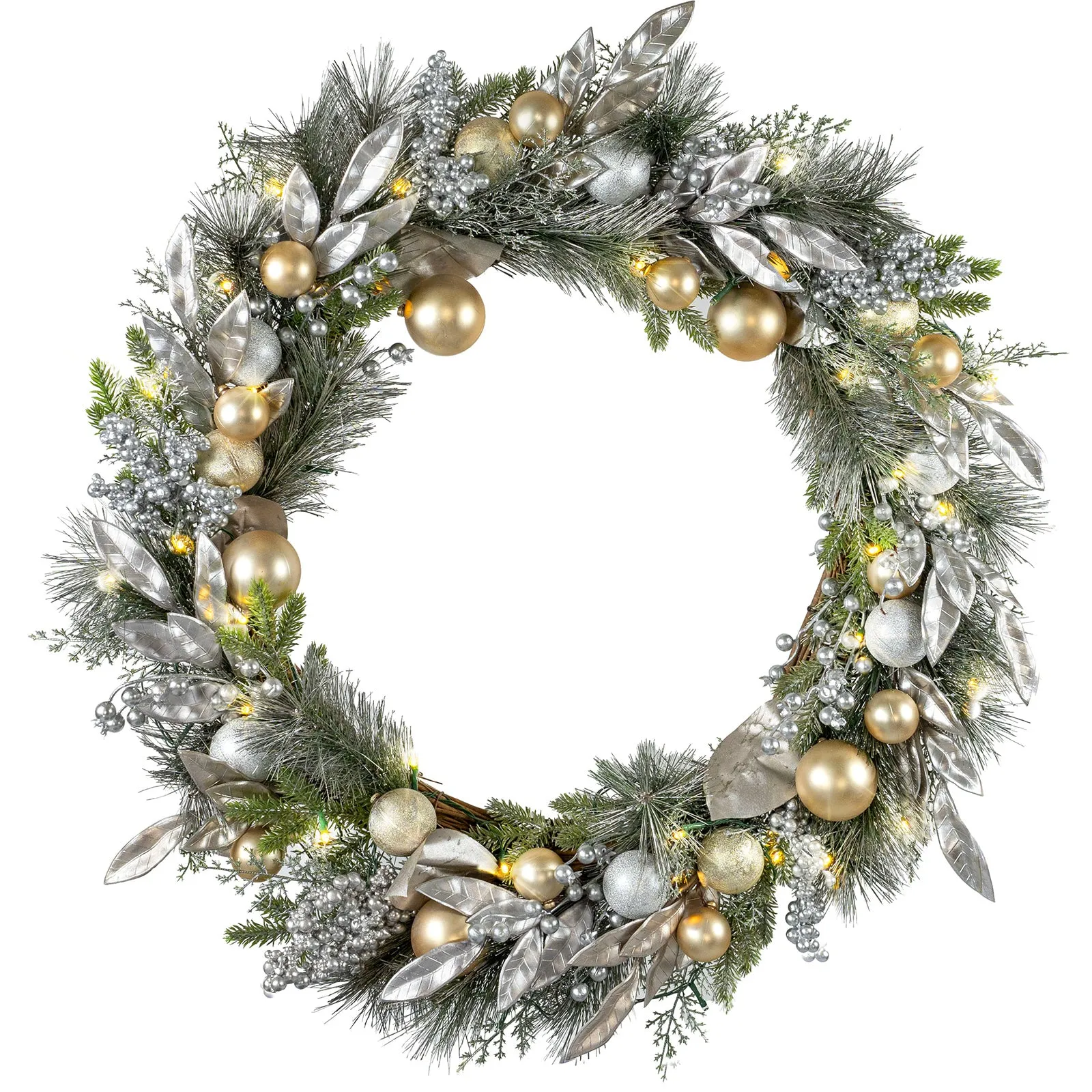 Red Co. 30” Decorative Artificial Light-Up Christmas Wreath with Silver & Gold Ornaments, Battery-Operated LED Lights with Timer