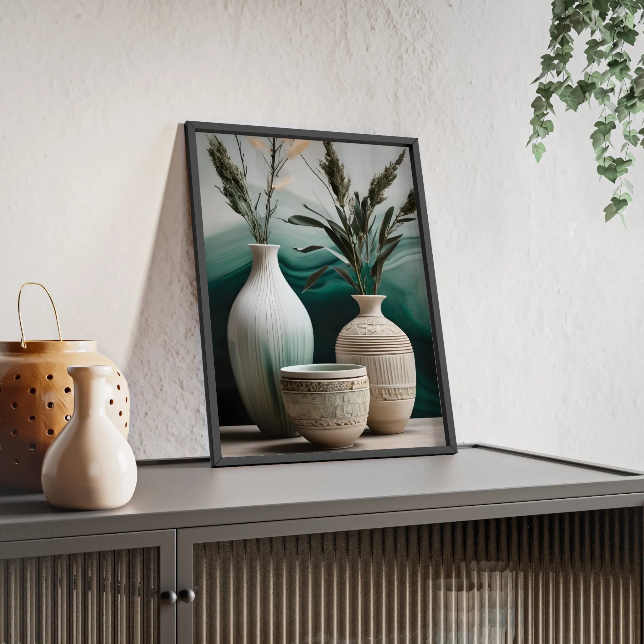 Sage Bowls Poster with Wooden Frame Curated By Artisan & Blooms