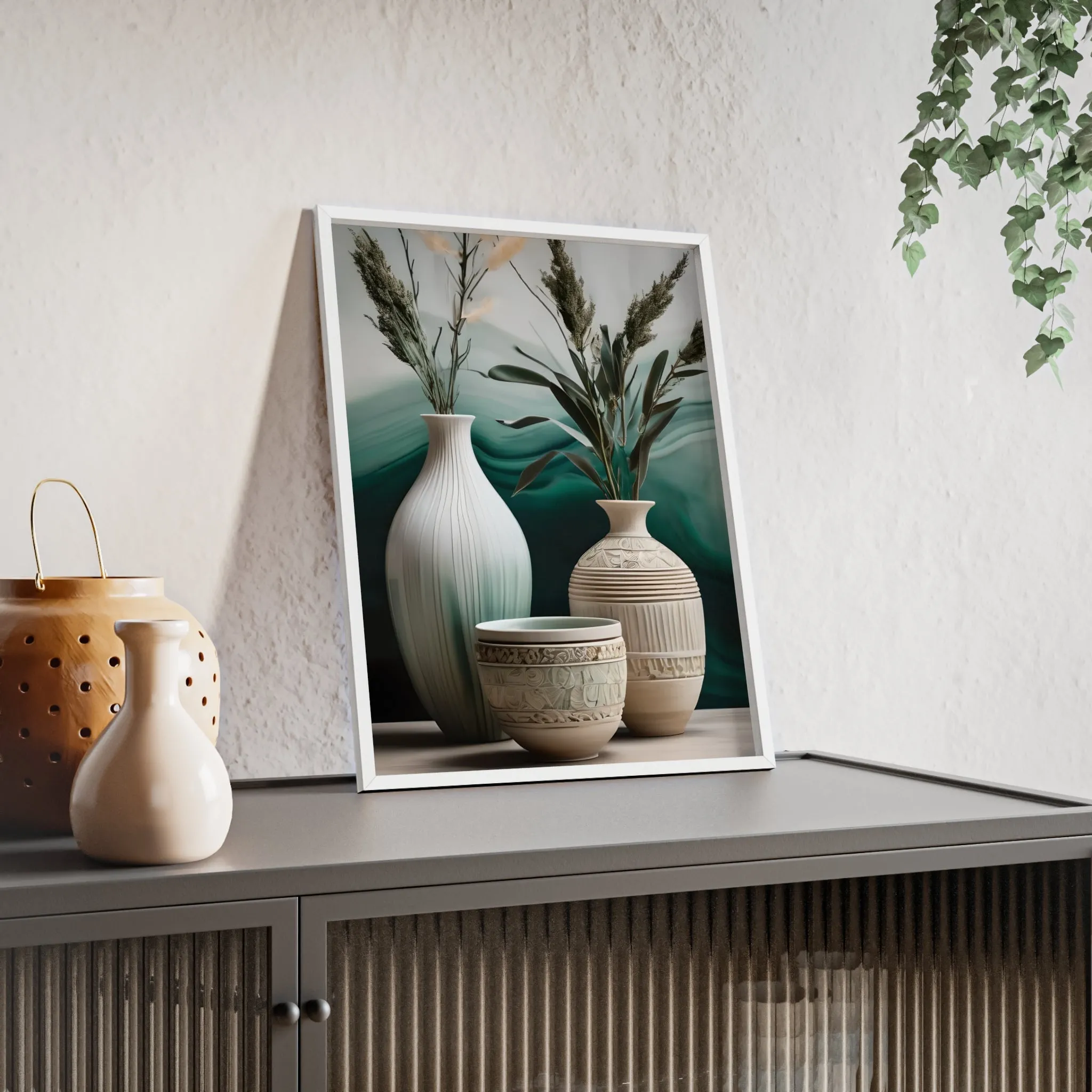 Sage Bowls Poster with Wooden Frame Curated By Artisan & Blooms