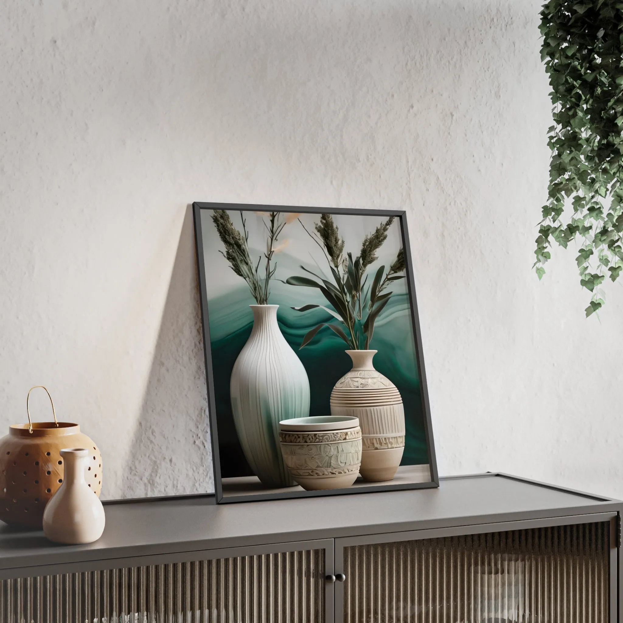 Sage Bowls Poster with Wooden Frame Curated By Artisan & Blooms