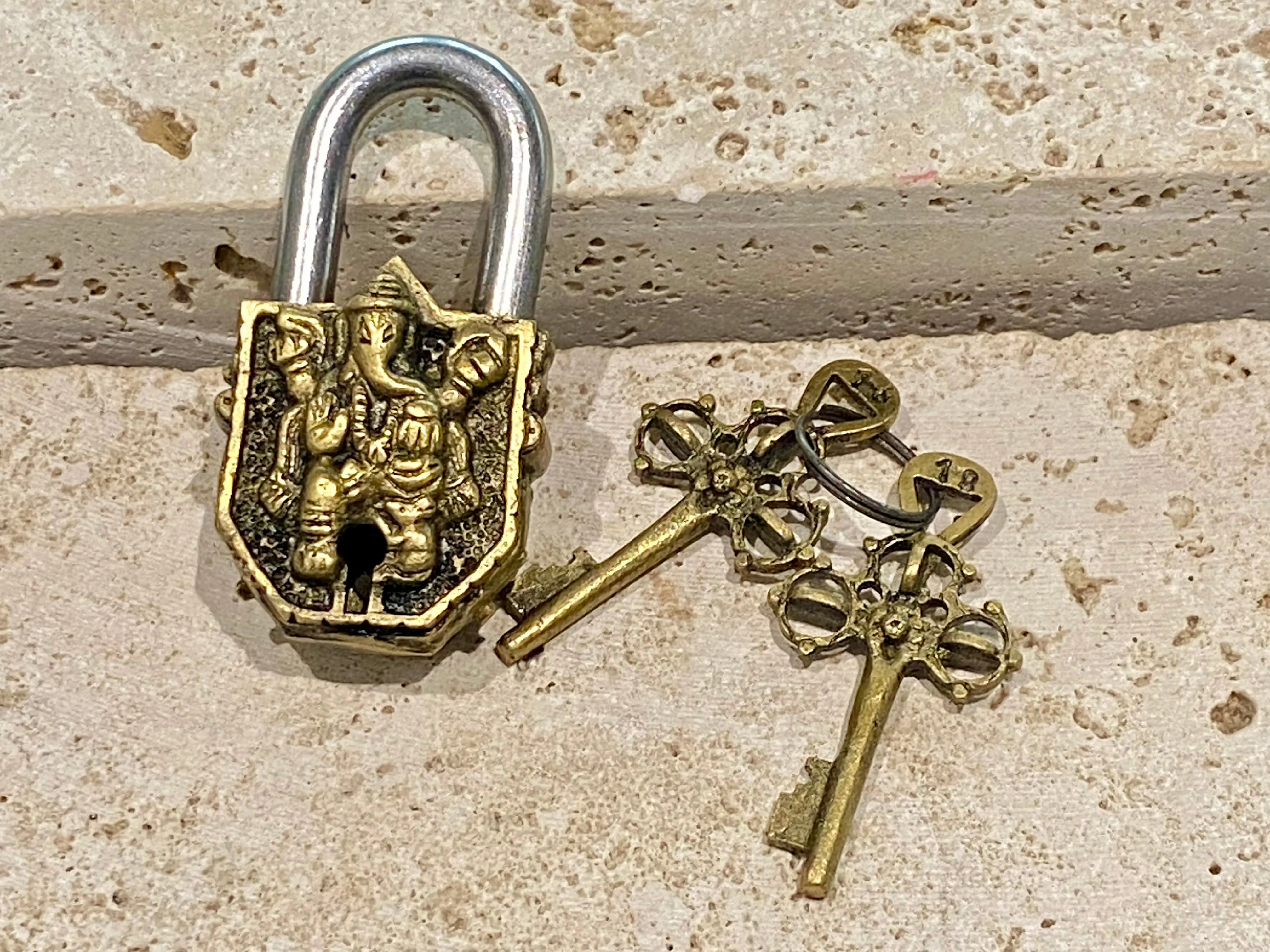 Small Brass Padlock Indian Gods - Ganesh or Lashmi