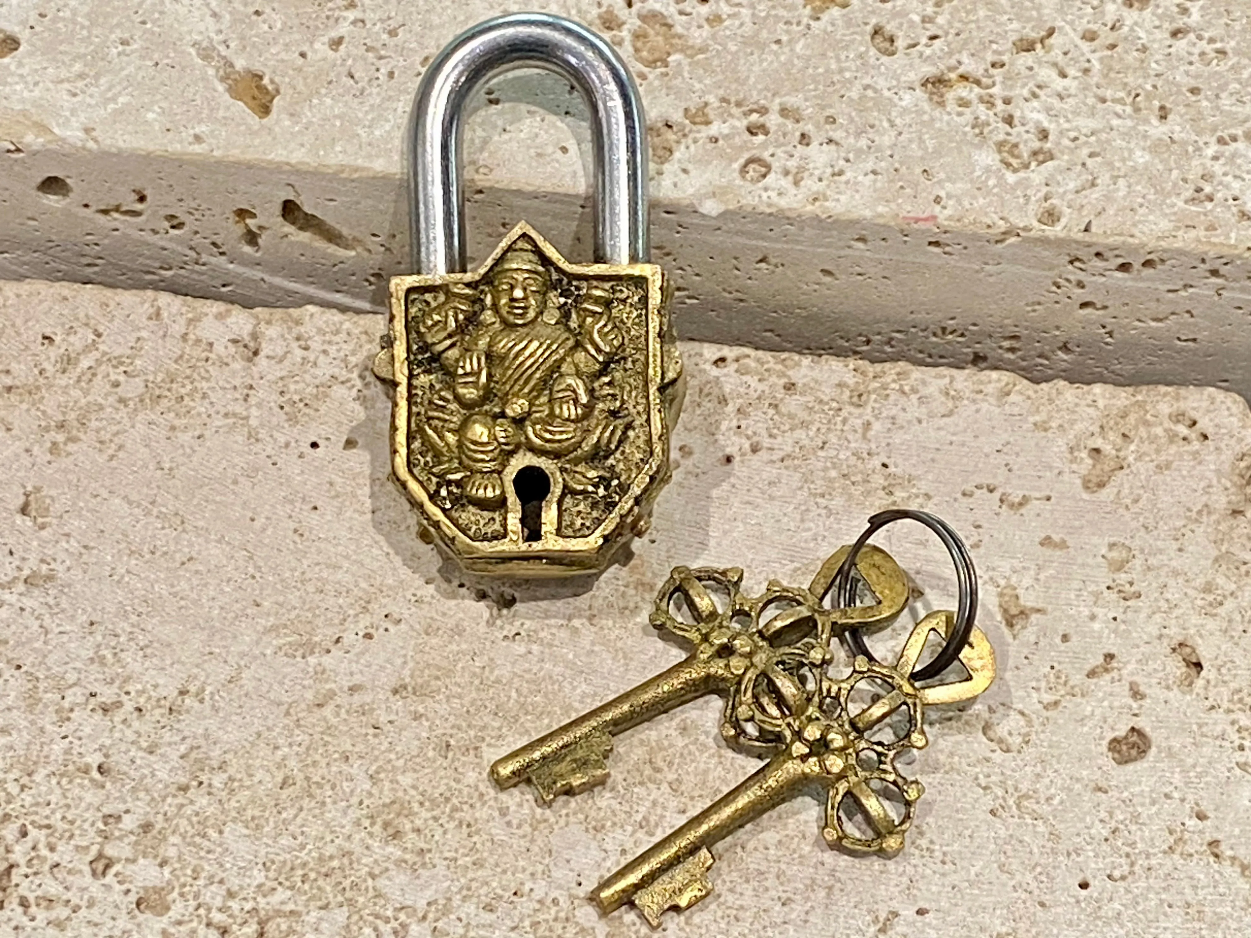 Small Brass Padlock Indian Gods - Ganesh or Lashmi