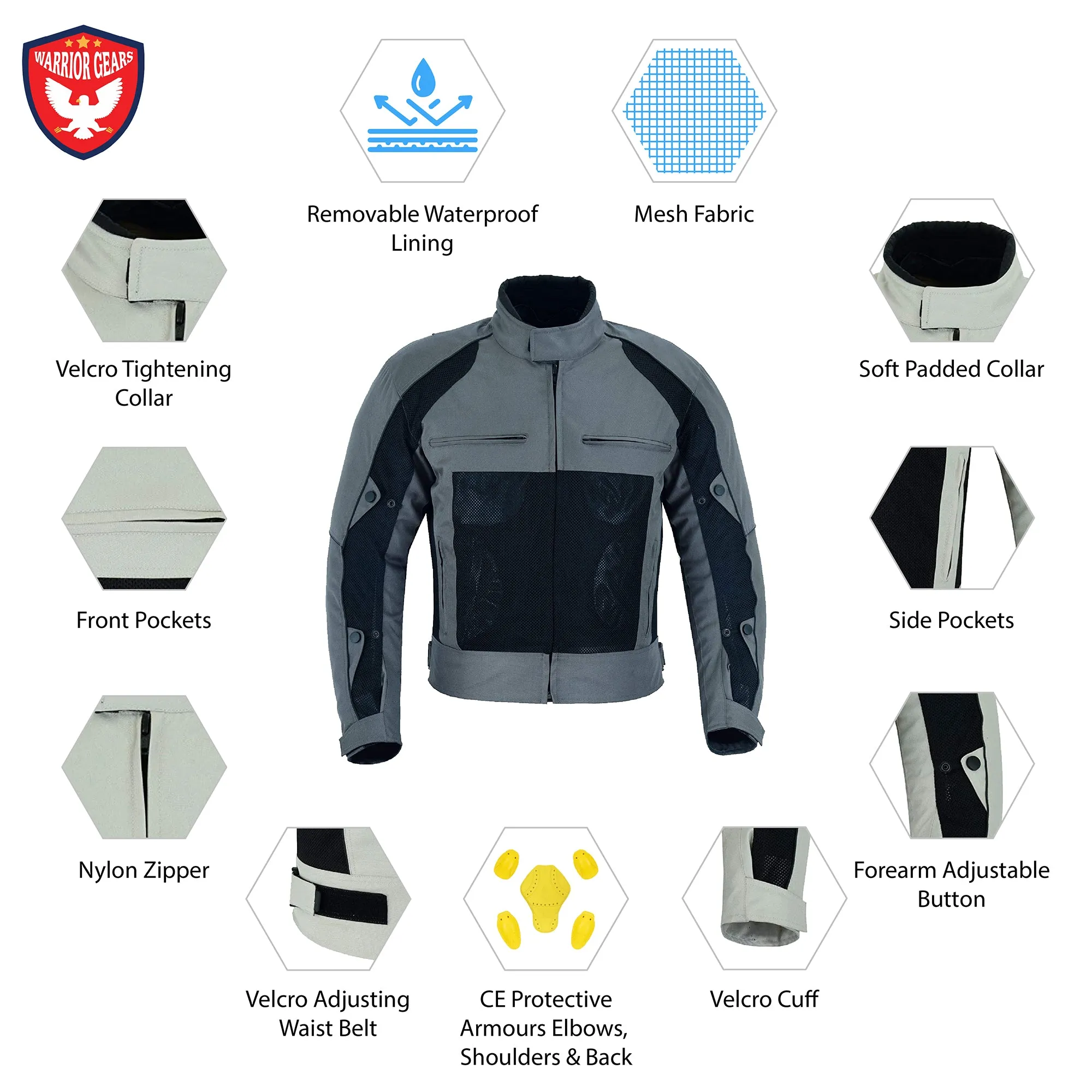 Warrior Gears® Air Mesh Motorbike Jackets for Men, Breathable Textile Motorbike Jacket with Removable Lining and CE Armours